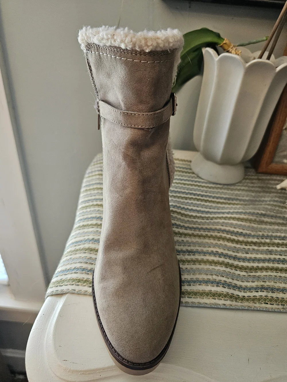 Unisa Taupe Shearling-Trim Wedge Bootie